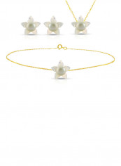 18 Karat Solid Yellow Gold 13 mm Mother Of Pearl Flower Shape With 7 mm Pearl Jewellery Set