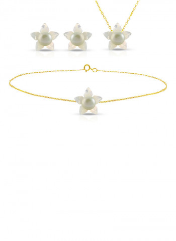 18 Karat Solid Yellow Gold 13 mm Mother Of Pearl Flower Shape With 7 mm Pearl Jewellery Set