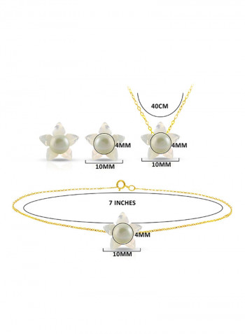18 Karat Solid Yellow Gold 13 mm Mother Of Pearl Flower Shape With 7 mm Pearl Jewellery Set