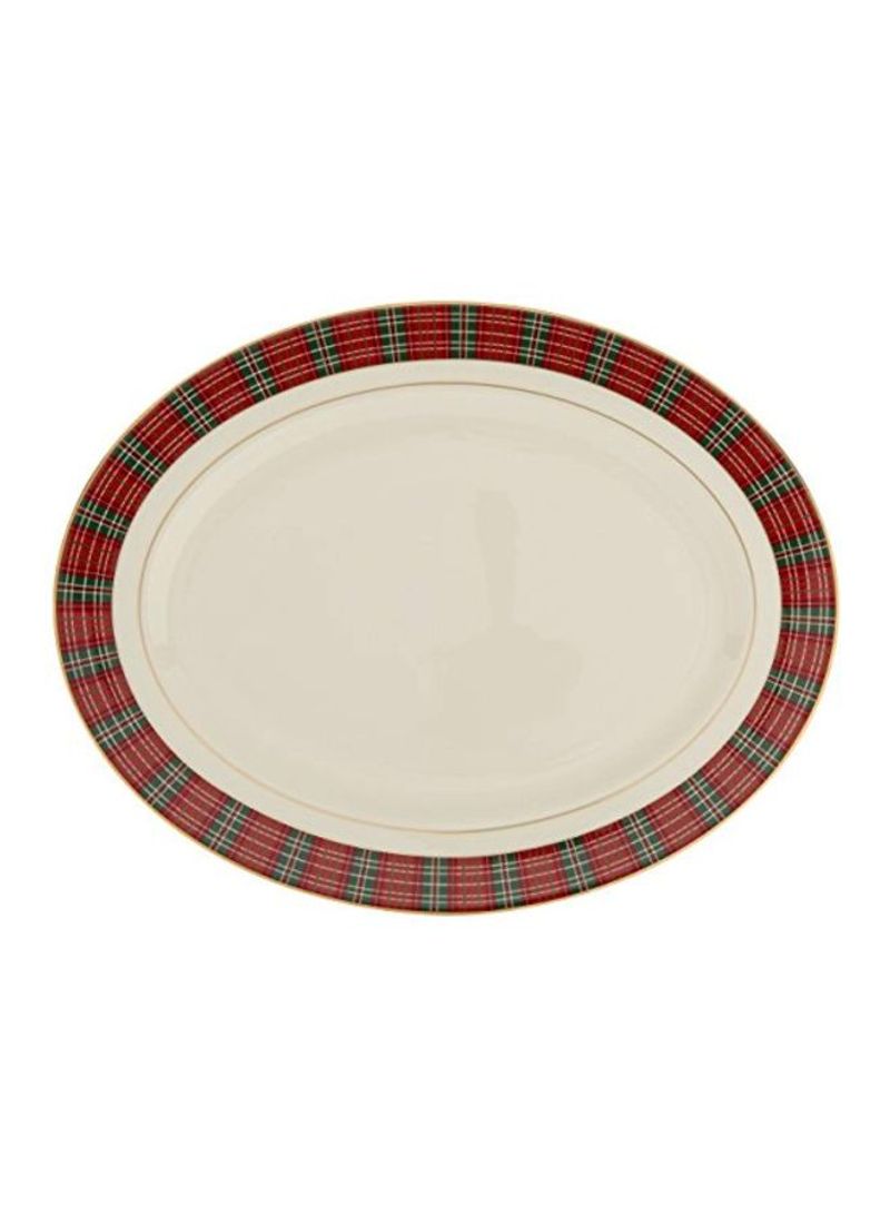 Winter Greetings Plaid Oval Platter White/Red/Green 16inch