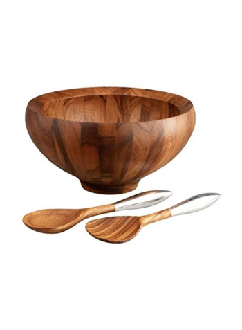 Wooden Salad Bowl With 2 Servers Brown 14x7inch