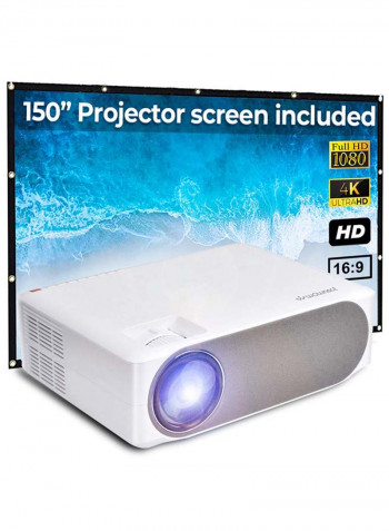 LED Projector 1080p 6800 Lumens Compatible to 300-Inch Screen with 150-Inch Projector Screen PROJ-WO-11-W_SCR-05 White