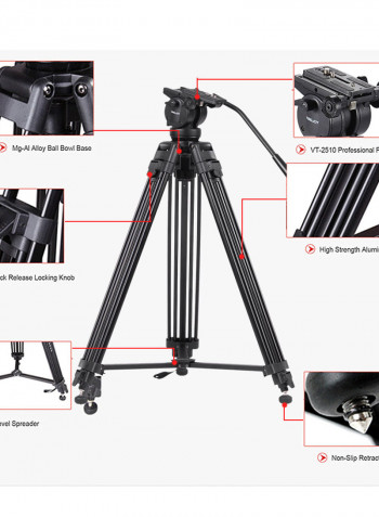 Kingjoy 360 Degree Panorama Fluid Ball Head Professional Tripod Kit Black