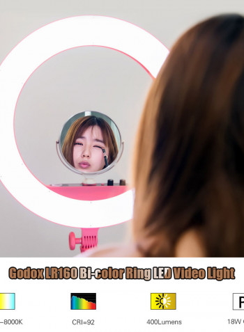 LR160 Ring LED Bi-Colour Fill Light with Makeup Mirror Phone Holder 18W Black