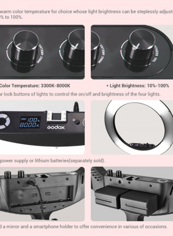 LR160 Ring LED Bi-Colour Fill Light with Makeup Mirror Phone Holder 18W Black