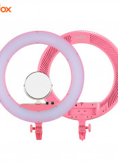 LR160 Ring LED Bi-Colour Fill Light with Makeup Mirror Phone Holder 18W Pink