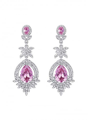 Alloy Cubic Zirconia Studded Floral Leaf Design Dangle Earrings