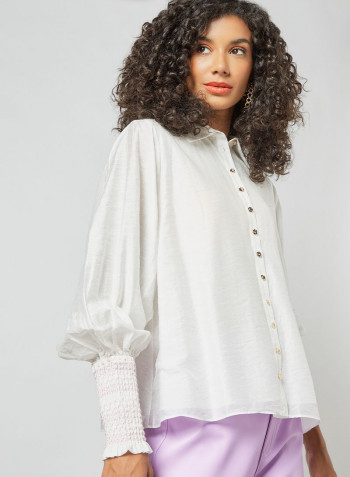 Shirred Sleeve Top White