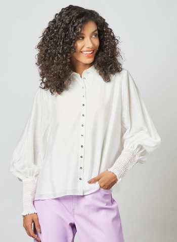 Shirred Sleeve Top White