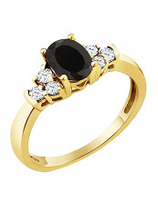 Black Onyx and White Topaz 925 Yellow Gold Plated Silver Ring 0.63 Ct Oval
