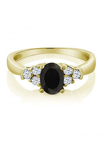 Black Onyx and White Topaz 925 Yellow Gold Plated Silver Ring 0.63 Ct Oval