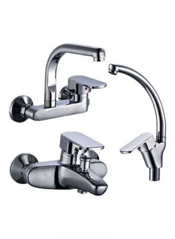 3-Piece Turkish Model Copper Shower Mixer With Kitchen Mixer And Bath Mixer Set Silver 30x3x40.2cm