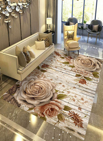 Block Floral Pattern Washable Mat Light Brown 140x200centimeter