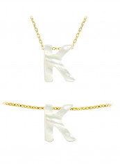 18 Karat Gold K Letter Mother Of Pearl Pendant Necklace And Bracelet Set