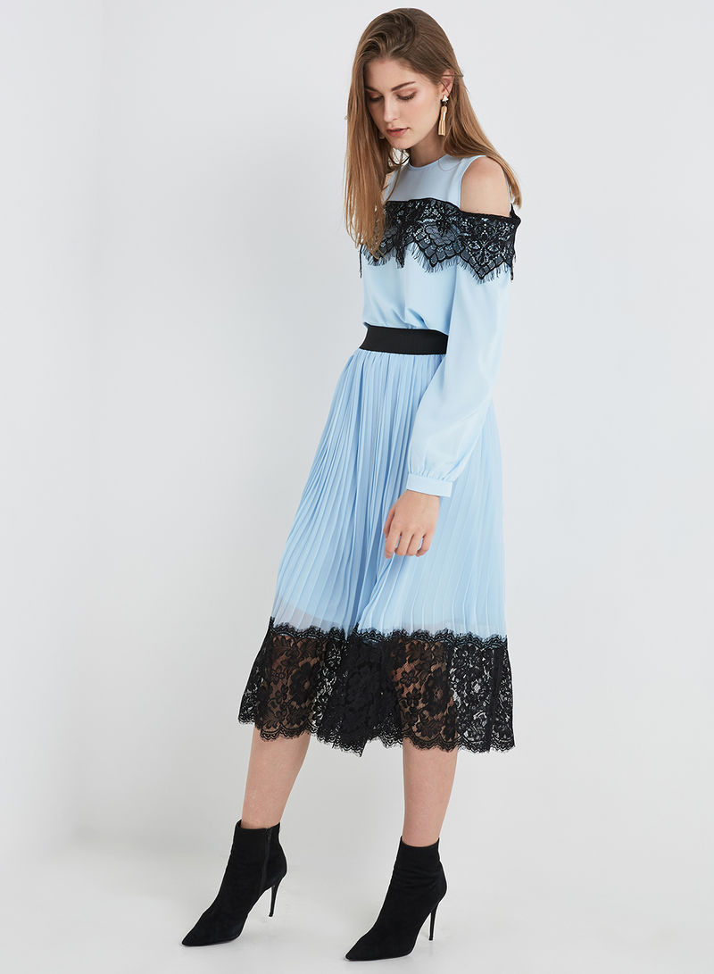 2-Piece Long Sleeve Blouse With Midi Skirt Set Blue/Black