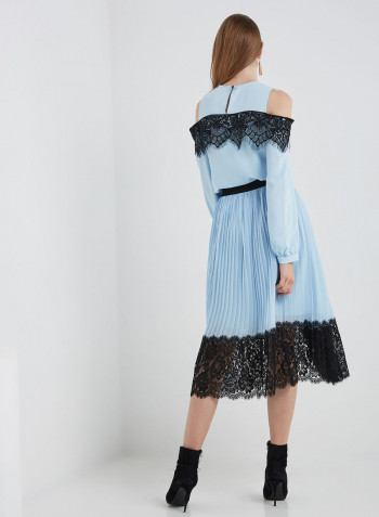 2-Piece Long Sleeve Blouse With Midi Skirt Set Blue/Black