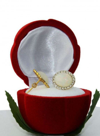 10 Karat Gold Oval Cabochon Cut Opal Diamond Earrings