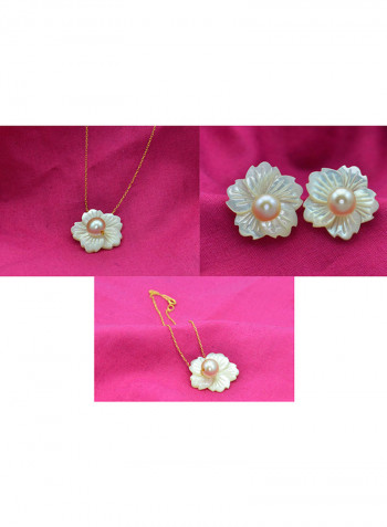 3-Piece18 Karat Solid Yellow Gold 19 mm Flower Shape Mother Of Pearl With 6-7 mm Pearl Jewellery
