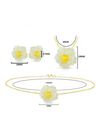 3-Piece18 Karat Solid Yellow Gold 19 mm Flower Shape Mother Of Pearl With 6-7 mm Pearl Jewellery