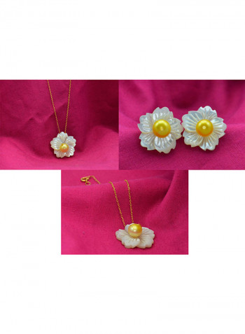 3-Piece18 Karat Solid Yellow Gold 19 mm Flower Shape Mother Of Pearl With 6-7 mm Pearl Jewellery