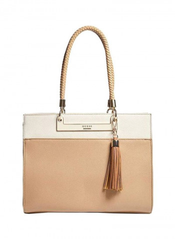 Selena Tassel Tote Bag Beige/White