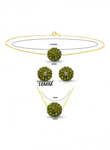 18 Karat Solid Yellow Gold Simple 10 mm Crystal Ball Earrings With Pendant Necklace And Bracelet