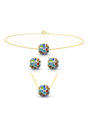 18 Karat Solid Yellow Gold Simple 10 mm Crystal Ball Earrings With Pendant Necklace And Bracelet