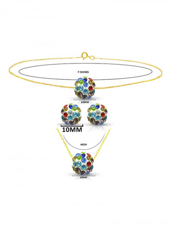 18 Karat Solid Yellow Gold Simple 10 mm Crystal Ball Earrings With Pendant Necklace And Bracelet