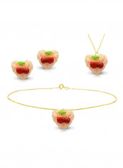 18 Karat Solid Yellow Gold Heart Shape Cupcake Cherry Pendant Necklace, Earrings And Chain Bracelet