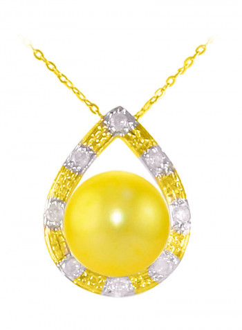 18 Karat Solid Gold 0.08 Carat Diamonds With 7 mm Pearl Drop Pendant Necklace