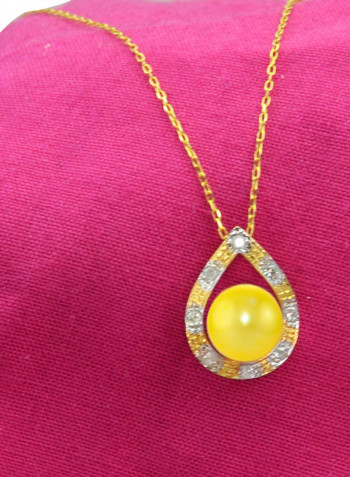 18 Karat Solid Gold 0.08 Carat Diamonds With 7 mm Pearl Drop Pendant Necklace