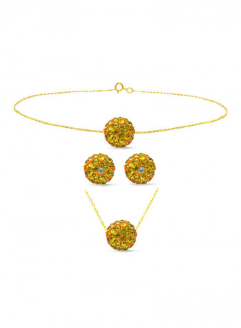 18 Karat Solid Yellow Gold Simple 10 mm Crystal Ball Earrings With Pendant Necklace And Bracelet