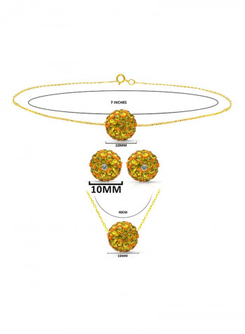 18 Karat Solid Yellow Gold Simple 10 mm Crystal Ball Earrings With Pendant Necklace And Bracelet