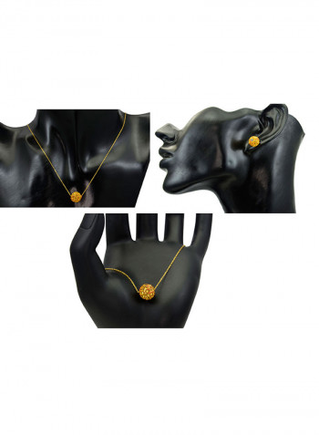 18 Karat Solid Yellow Gold Simple 10 mm Crystal Ball Earrings With Pendant Necklace And Bracelet