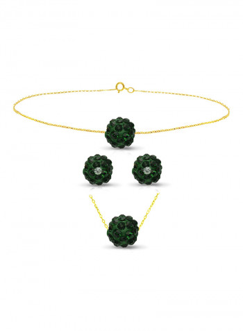 18 Karat Solid Yellow Gold Simple 10 mm Crystal Ball Earrings With Pendant Necklace And Bracelet