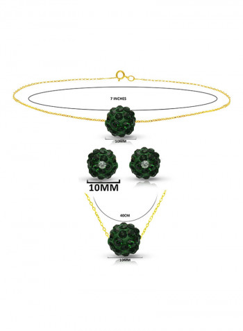 18 Karat Solid Yellow Gold Simple 10 mm Crystal Ball Earrings With Pendant Necklace And Bracelet