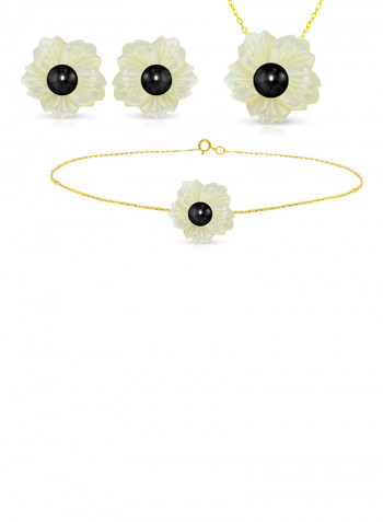 3-Piece18 Karat Solid Yellow Gold 19 mm Flower Shape Mother Of Pearl With 6-7 mm Pearl Jewellery