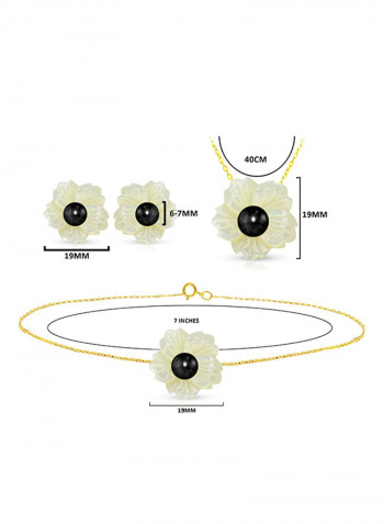 3-Piece18 Karat Solid Yellow Gold 19 mm Flower Shape Mother Of Pearl With 6-7 mm Pearl Jewellery