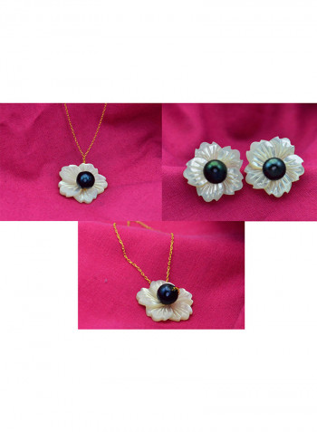3-Piece18 Karat Solid Yellow Gold 19 mm Flower Shape Mother Of Pearl With 6-7 mm Pearl Jewellery