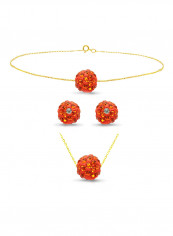 18 Karat Solid Yellow Gold Simple 10 mm Crystal Ball Earrings With Pendant Necklace And Bracelet