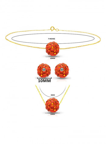 18 Karat Solid Yellow Gold Simple 10 mm Crystal Ball Earrings With Pendant Necklace And Bracelet