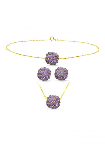 18 Karat Solid Yellow Gold Simple 10 mm Crystal Ball Earrings With Pendant Necklace And Bracelet