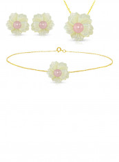 3-Piece18 Karat Solid Yellow Gold 19 mm Flower Shape Mother Of Pearl With 6-7 mm Pearl Jewellery