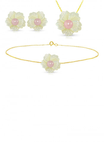3-Piece18 Karat Solid Yellow Gold 19 mm Flower Shape Mother Of Pearl With 6-7 mm Pearl Jewellery