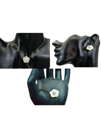 3-Piece18 Karat Solid Yellow Gold 19 mm Flower Shape Mother Of Pearl With 6-7 mm Pearl Jewellery
