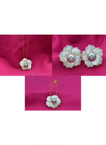 3-Piece18 Karat Solid Yellow Gold 19 mm Flower Shape Mother Of Pearl With 6-7 mm Pearl Jewellery