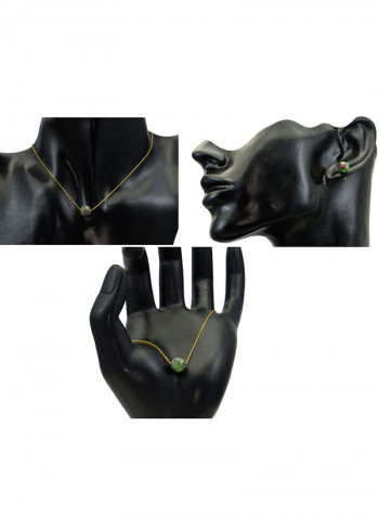 18 Karat Solid Yellow Gold Ruby Zoisite Pendant Necklace, Earrings And Chain Bracelet