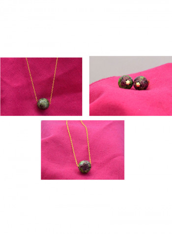18 Karat Solid Yellow Gold Ruby Zoisite Pendant Necklace, Earrings And Chain Bracelet