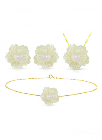 3-Piece18 Karat Solid Yellow Gold 19 mm Flower Shape Mother Of Pearl With 6-7 mm Pearl Jewellery