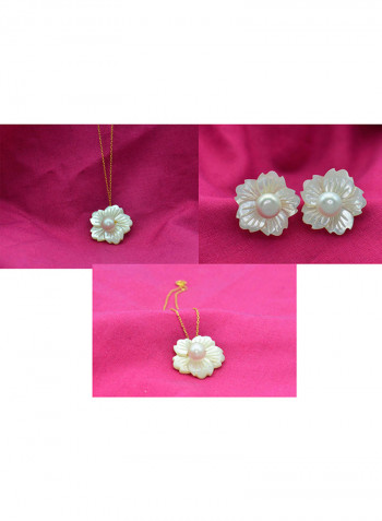 3-Piece18 Karat Solid Yellow Gold 19 mm Flower Shape Mother Of Pearl With 6-7 mm Pearl Jewellery